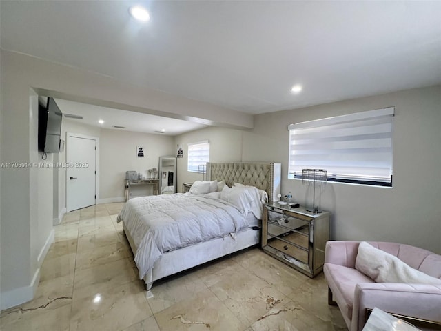 bedroom featuring baseboards, recessed lighting, and marble finish floor