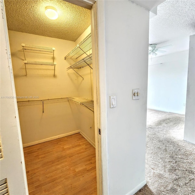 walk in closet with a ceiling fan and wood finished floors