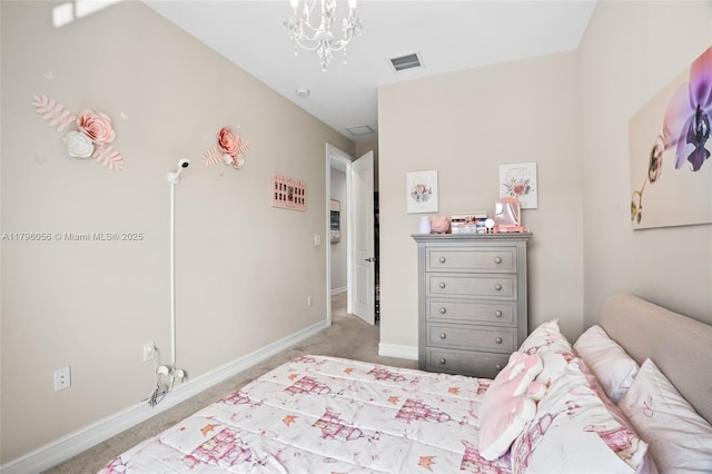 10103 Akenside Dr, Boca Raton, FL 33428 - bedroom with light colored carpet, baseboards, visible vents, and an inviting chandelier