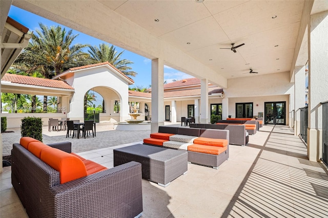 10103 Akenside Dr, Boca Raton, FL 33428 - view of patio featuring a ceiling fan, an outdoor living space, french doors, and outdoor dining area