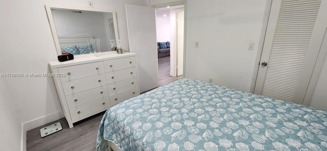 bedroom with wood finished floors and a closet