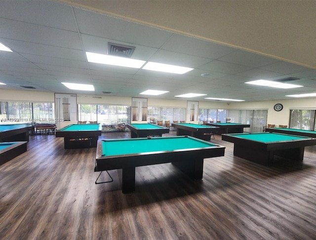 recreation room featuring pool table, visible vents, a paneled ceiling, and dark wood-type flooring