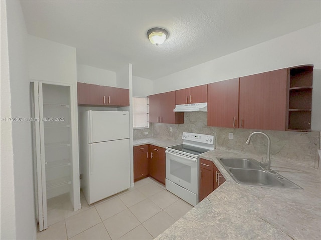 kitchen featuring tasteful backsplash, a sink, light countertops, under cabinet range hood, and white appliances