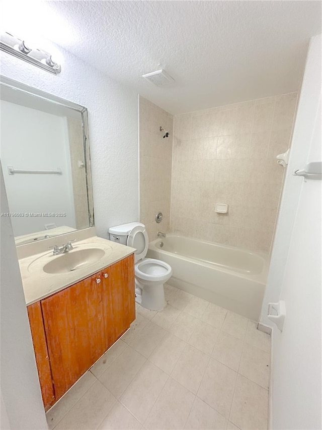 full bathroom with a textured wall, vanity, toilet, a textured ceiling, and tub / shower combination
