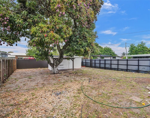 view of yard with an outdoor structure and a fenced backyard