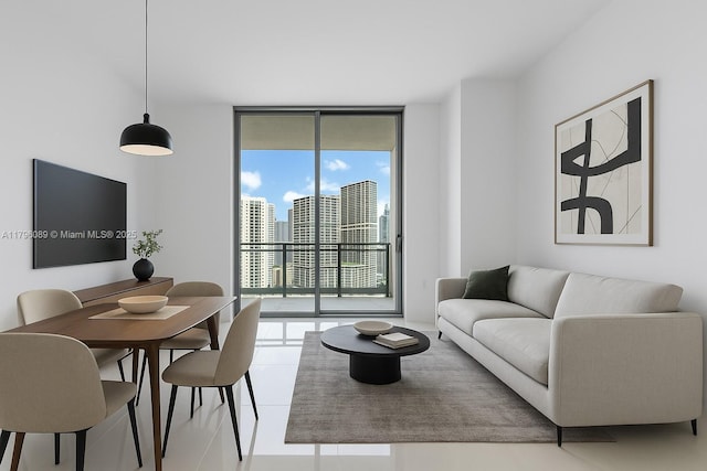 tiled living room featuring expansive windows and a city view