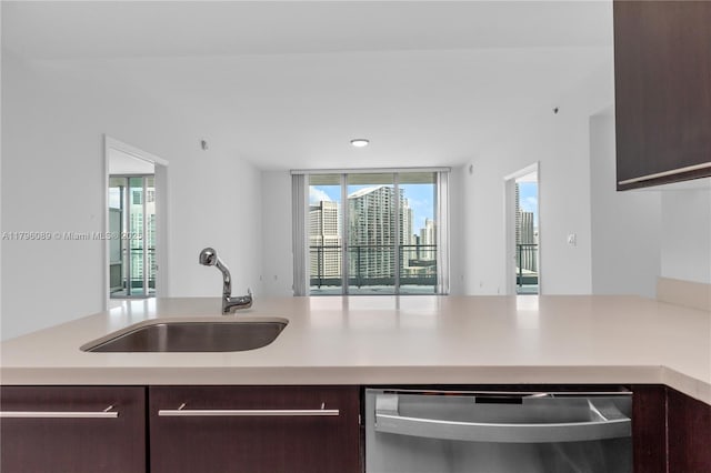 kitchen with a sink, light countertops, dark brown cabinets, and dishwasher