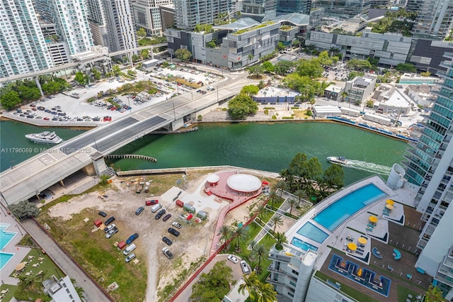 aerial view featuring a water view and a city view