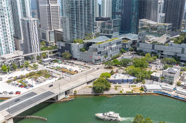 bird's eye view with a water view and a view of city