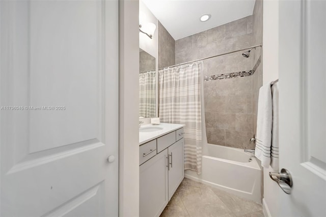 full bath featuring vanity, tile patterned flooring, and shower / bath combination with curtain