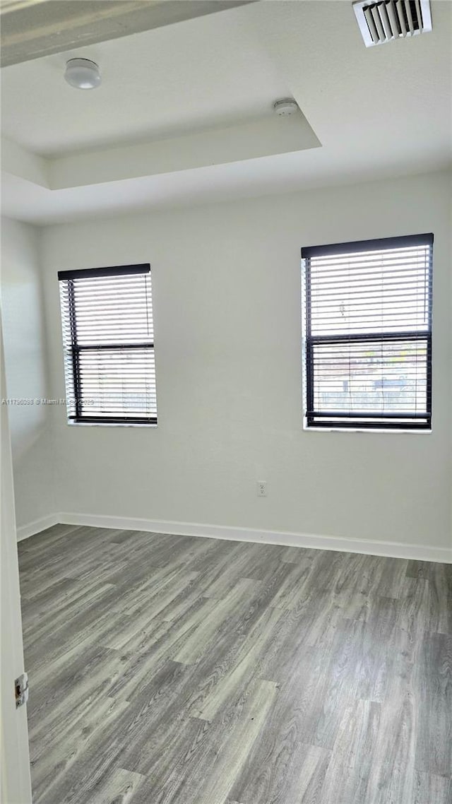 spare room with visible vents, a raised ceiling, wood finished floors, and a wealth of natural light