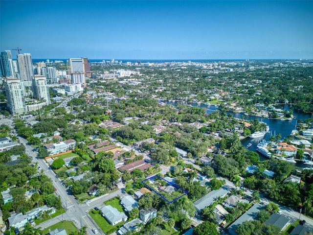 aerial view featuring a water view and a city view