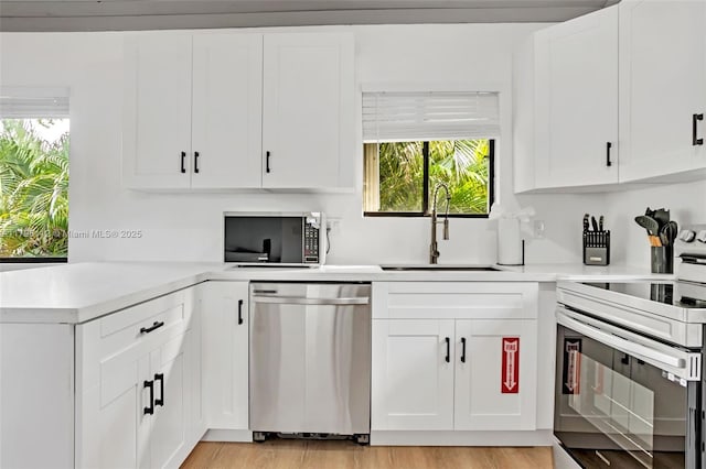kitchen with a sink, light countertops, stainless steel dishwasher, and electric range