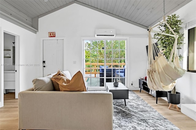 living room featuring wooden ceiling, a wall unit AC, vaulted ceiling, and light wood-type flooring