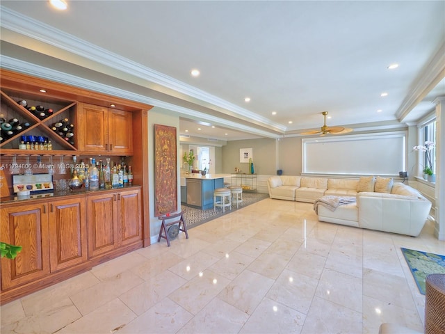 1229 Sorolla Ave, Coral Gables, FL 33134 - living room with ceiling fan, crown molding, a tray ceiling, recessed lighting, and light tile patterned floors