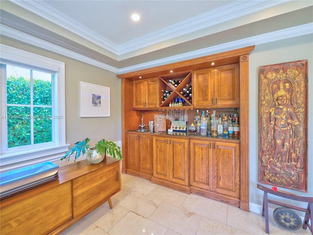 1229 Sorolla Ave, Coral Gables, FL 33134 - indoor dry bar with crown molding and recessed lighting