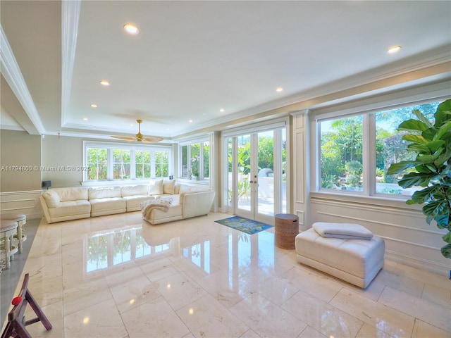 1229 Sorolla Ave, Coral Gables, FL 33134 - living room featuring crown molding, a decorative wall, french doors, recessed lighting, and ceiling fan