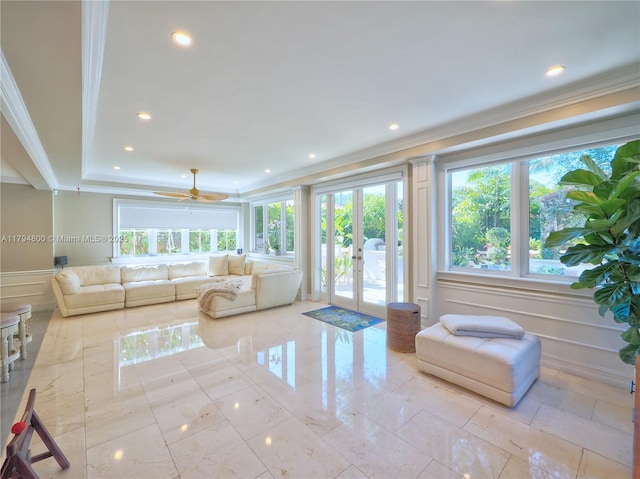 1229 Sorolla Ave, Coral Gables, FL 33134 - living room with crown molding, healthy amount of natural light, french doors, a decorative wall, and recessed lighting