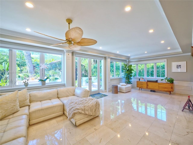 1229 Sorolla Ave, Coral Gables, FL 33134 - living room featuring french doors, plenty of natural light, crown molding, recessed lighting, and ceiling fan