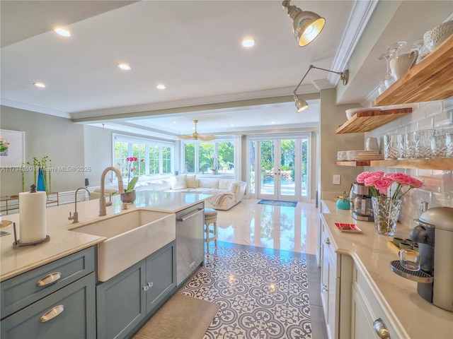 1229 Sorolla Ave, Coral Gables, FL 33134 - kitchen featuring ornamental molding, french doors, stainless steel dishwasher, a sink, and recessed lighting