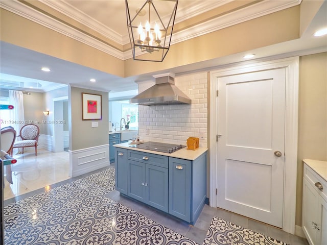 1229 Sorolla Ave, Coral Gables, FL 33134 - kitchen featuring ventilation hood, black electric stovetop, tile patterned flooring, ornamental molding, and light countertops