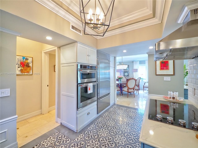 1229 Sorolla Ave, Coral Gables, FL 33134 - kitchen featuring ornamental molding, exhaust hood, appliances with stainless steel finishes, white cabinetry, and tile patterned flooring
