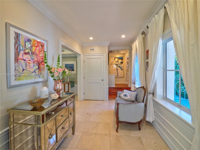 1229 Sorolla Ave, Coral Gables, FL 33134 - hallway featuring crown molding, plenty of natural light, and recessed lighting
