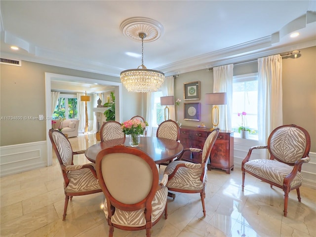 1229 Sorolla Ave, Coral Gables, FL 33134 - dining area with a chandelier, wainscoting, crown molding, a decorative wall, and recessed lighting