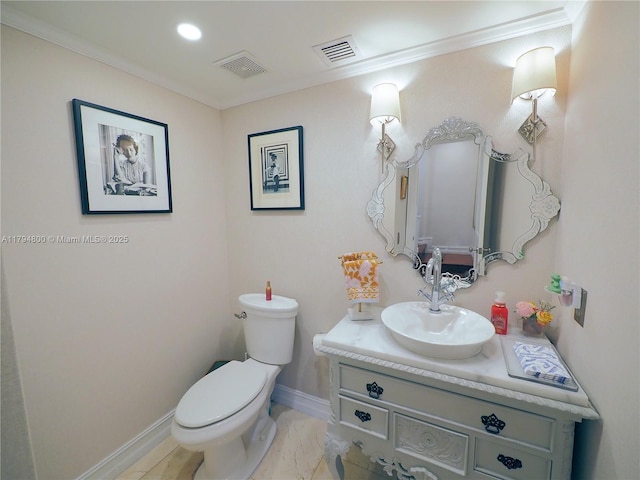 1229 Sorolla Ave, Coral Gables, FL 33134 - half bathroom featuring crown molding, toilet, vanity, and baseboards