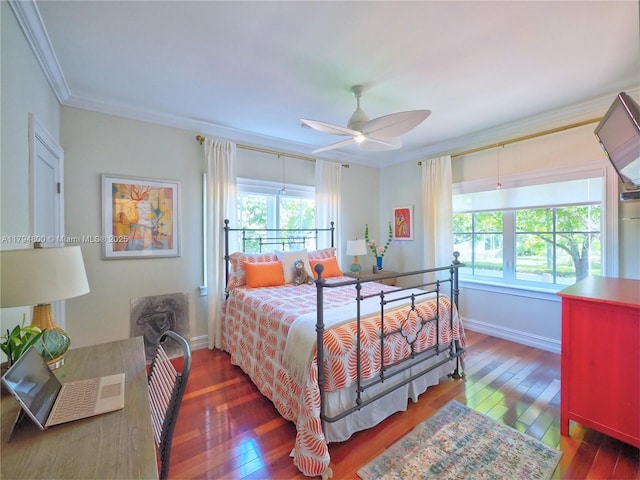 1229 Sorolla Ave, Coral Gables, FL 33134 - bedroom with ornamental molding, wood-type flooring, baseboards, and a ceiling fan