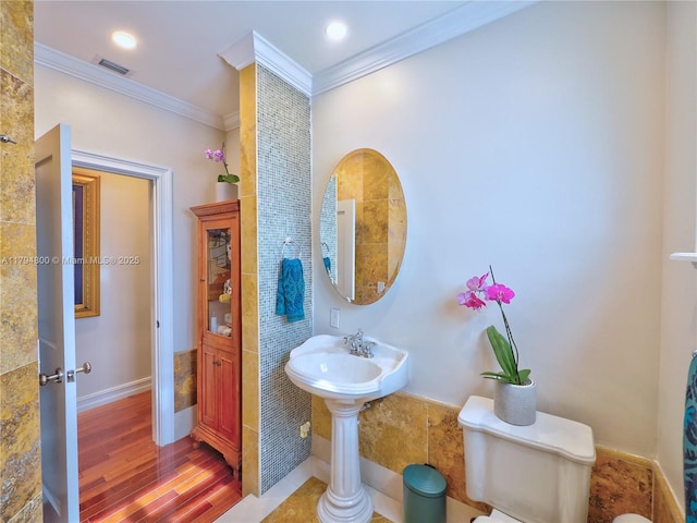 1229 Sorolla Ave, Coral Gables, FL 33134 - bathroom with ornamental molding, wood finished floors, and baseboards