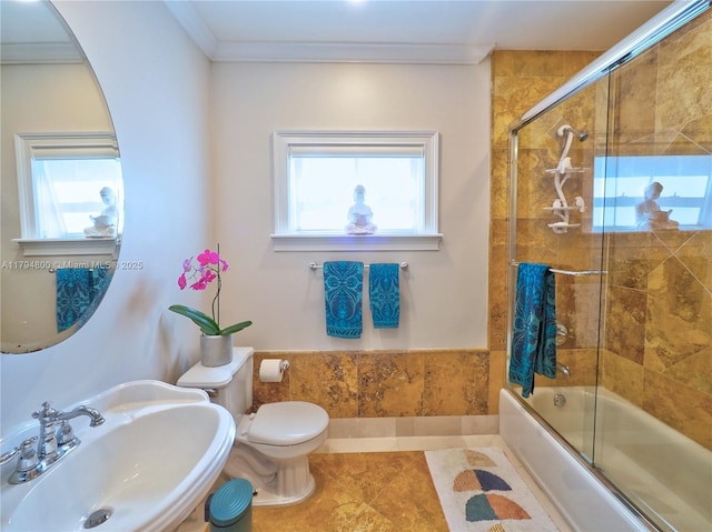 1229 Sorolla Ave, Coral Gables, FL 33134 - bathroom featuring a sink, plenty of natural light, enclosed tub / shower combo, toilet, and crown molding
