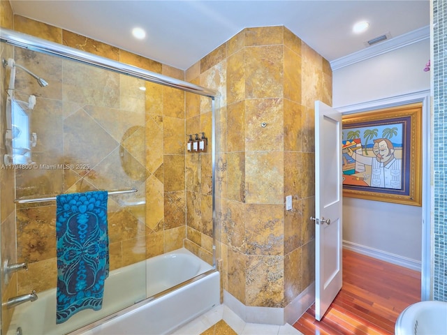 1229 Sorolla Ave, Coral Gables, FL 33134 - full bathroom with enclosed tub / shower combo, wood finished floors, ornamental molding, baseboards, and recessed lighting