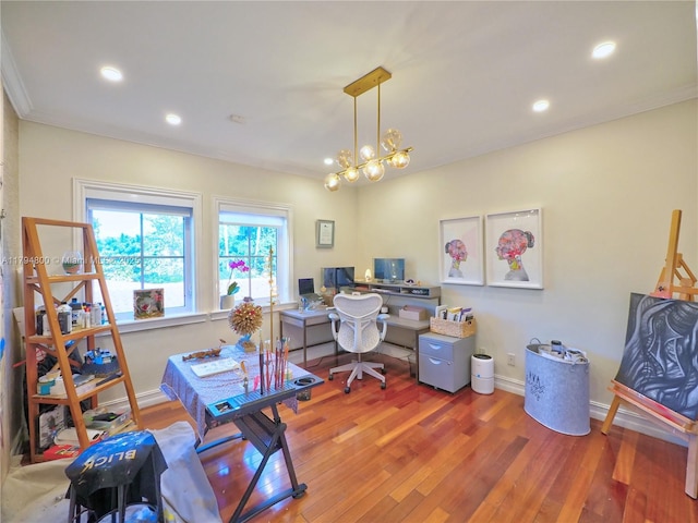 1229 Sorolla Ave, Coral Gables, FL 33134 - office space featuring wood finished floors, crown molding, recessed lighting, baseboards, and a chandelier