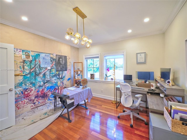 1229 Sorolla Ave, Coral Gables, FL 33134 - office with crown molding, wood finished floors, baseboards, a chandelier, and recessed lighting