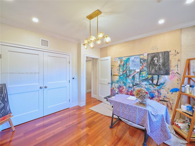 1229 Sorolla Ave, Coral Gables, FL 33134 - dining space featuring wood finished floors, crown molding, a chandelier, baseboards, and recessed lighting