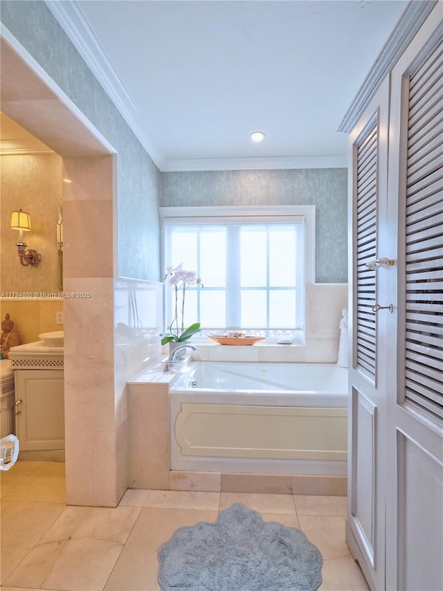1229 Sorolla Ave, Coral Gables, FL 33134 - full bath featuring crown molding, a garden tub, vanity, tile patterned floors, and wallpapered walls
