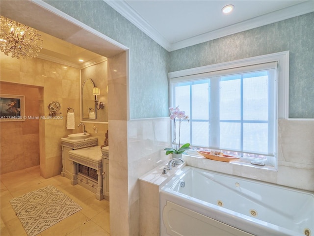 1229 Sorolla Ave, Coral Gables, FL 33134 - bathroom with crown molding, a whirlpool tub, wallpapered walls, a chandelier, and tile patterned floors
