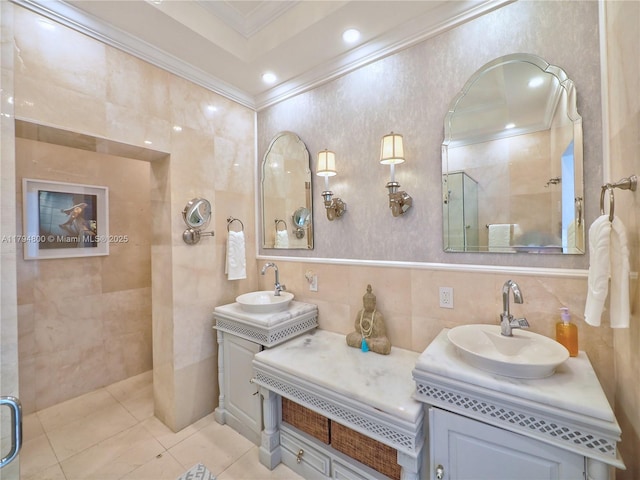 1229 Sorolla Ave, Coral Gables, FL 33134 - bathroom featuring ornamental molding, a tile shower, vanity, tile walls, and tile patterned floors