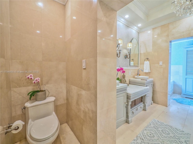 1229 Sorolla Ave, Coral Gables, FL 33134 - full bathroom featuring ornamental molding, tile walls, tile patterned flooring, vanity, and toilet