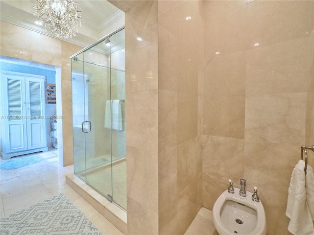 1229 Sorolla Ave, Coral Gables, FL 33134 - full bathroom featuring crown molding, a bidet, a shower stall, tile walls, and a chandelier