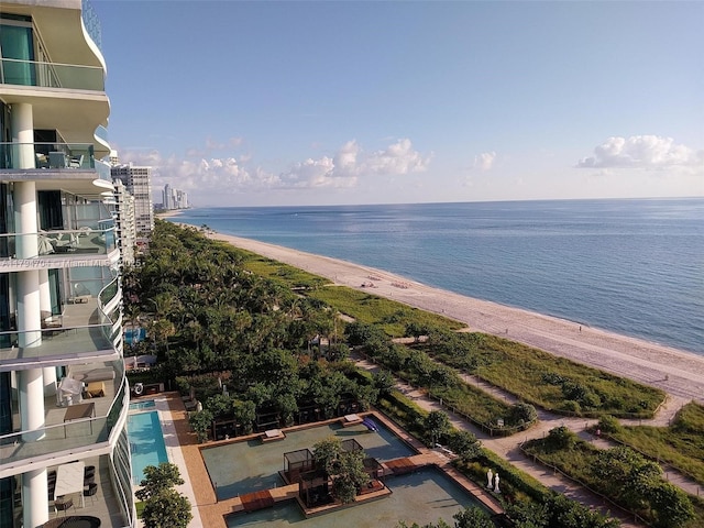 view of water feature with a beach view