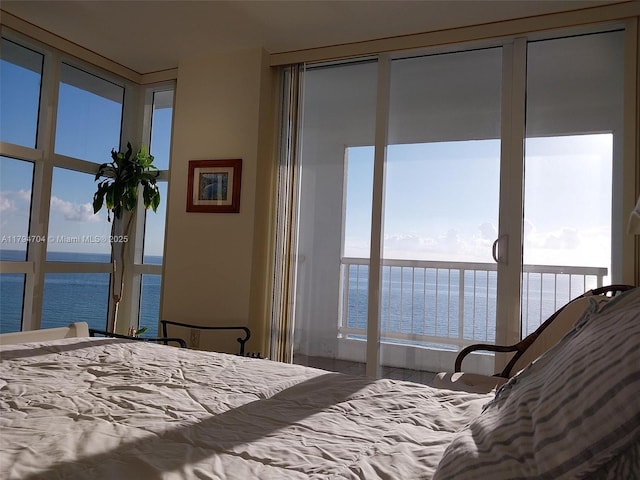 bedroom featuring a water view