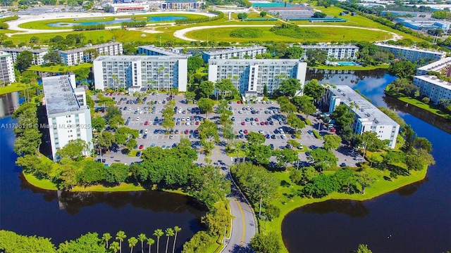 bird's eye view with a water view