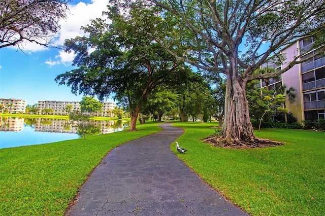 view of property's community with a lawn and a water view