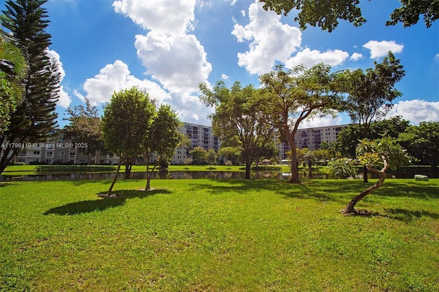 surrounding community featuring a lawn and a water view