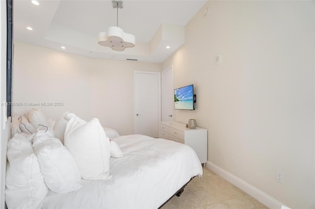 bedroom with recessed lighting, baseboards, and light tile patterned floors