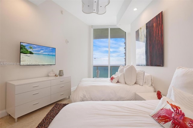 bedroom with baseboards, access to outside, recessed lighting, and light tile patterned flooring