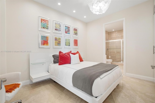 bedroom with recessed lighting, connected bathroom, and baseboards
