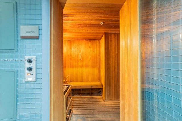 view of sauna with wood finished floors